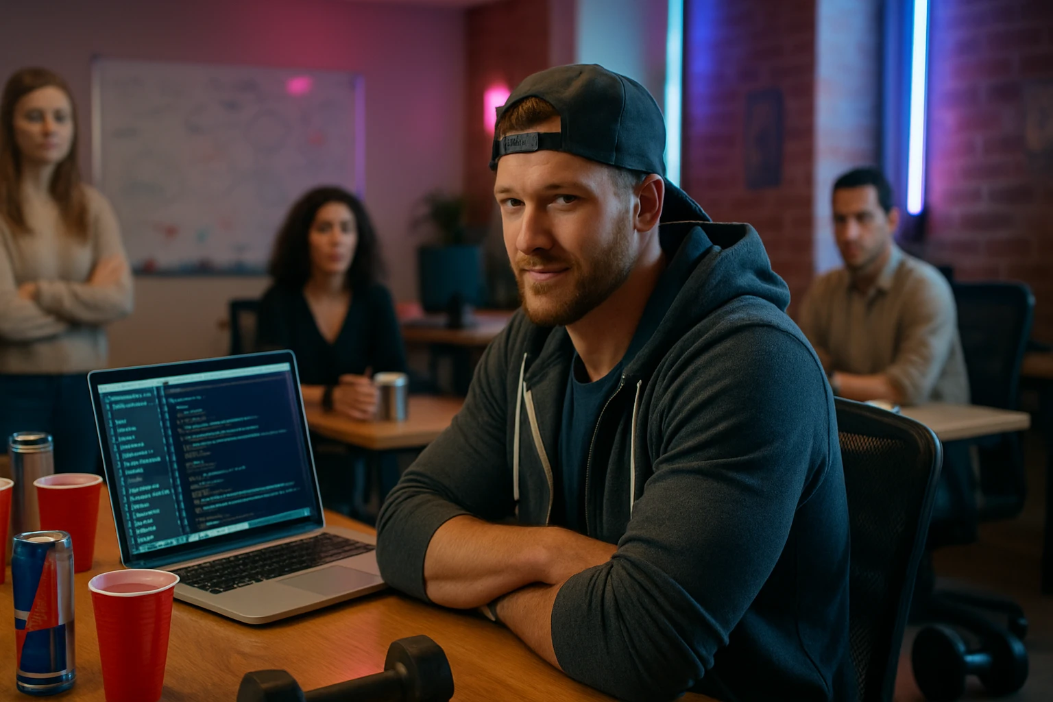 Egy fiatal férfi laptop előtt ül, programkód látható a képernyőn, háttérben emberek.
