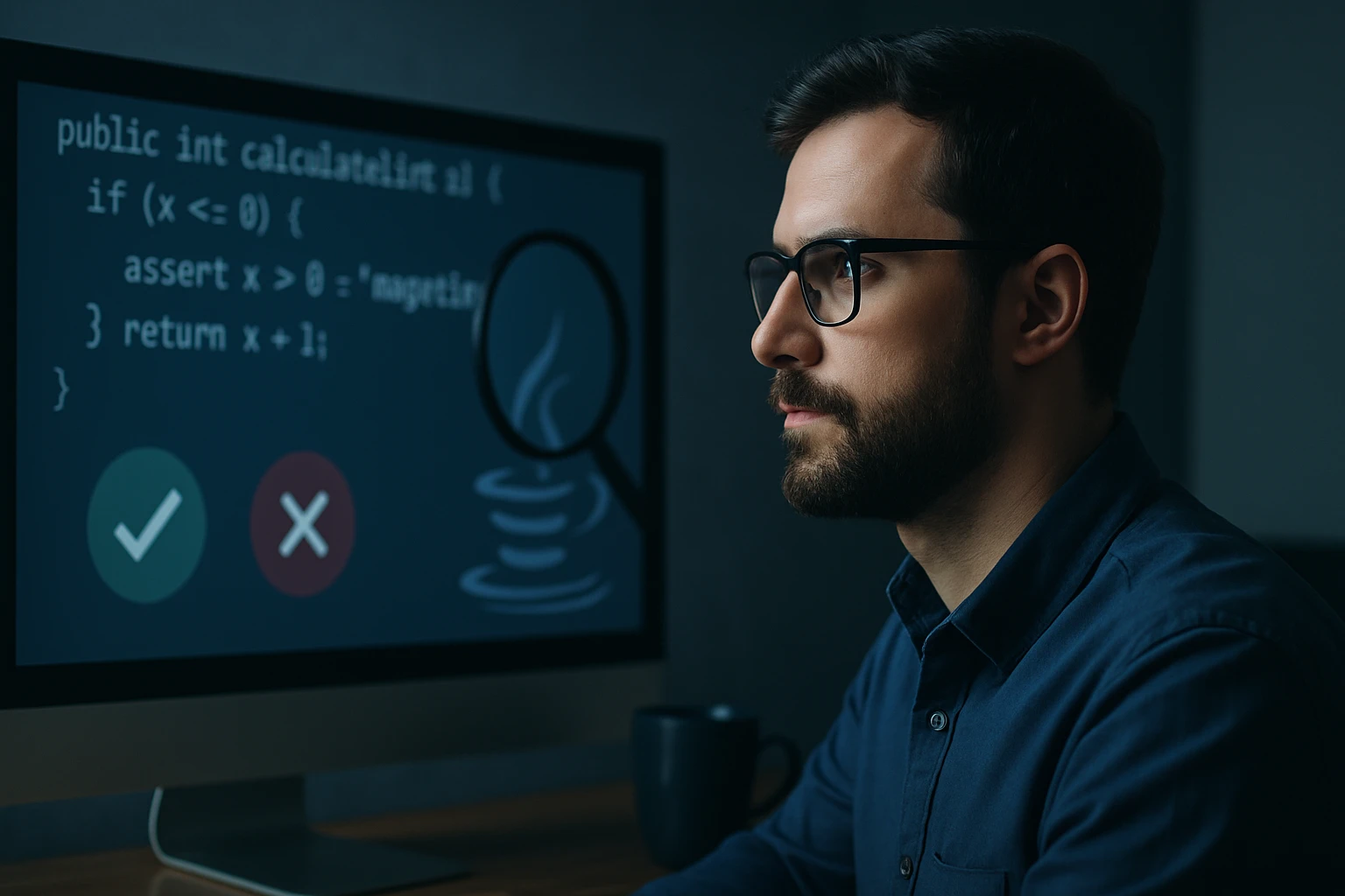 Egy férfi programozás közben, a képernyőn kód és hibajelzések láthatók.