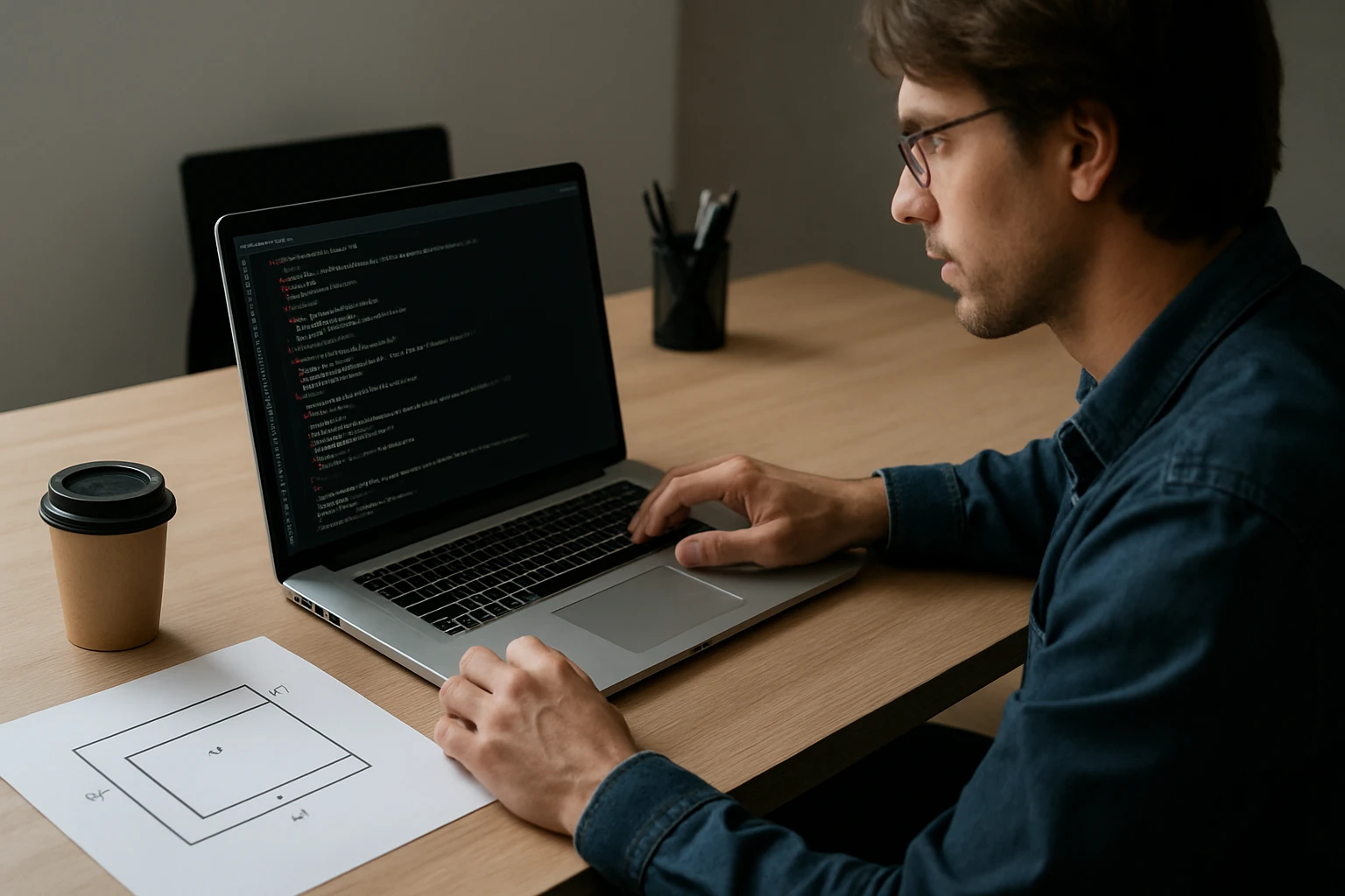 Egy fiatal férfi laptopon programozik, mellette kávé és vázlatlap.