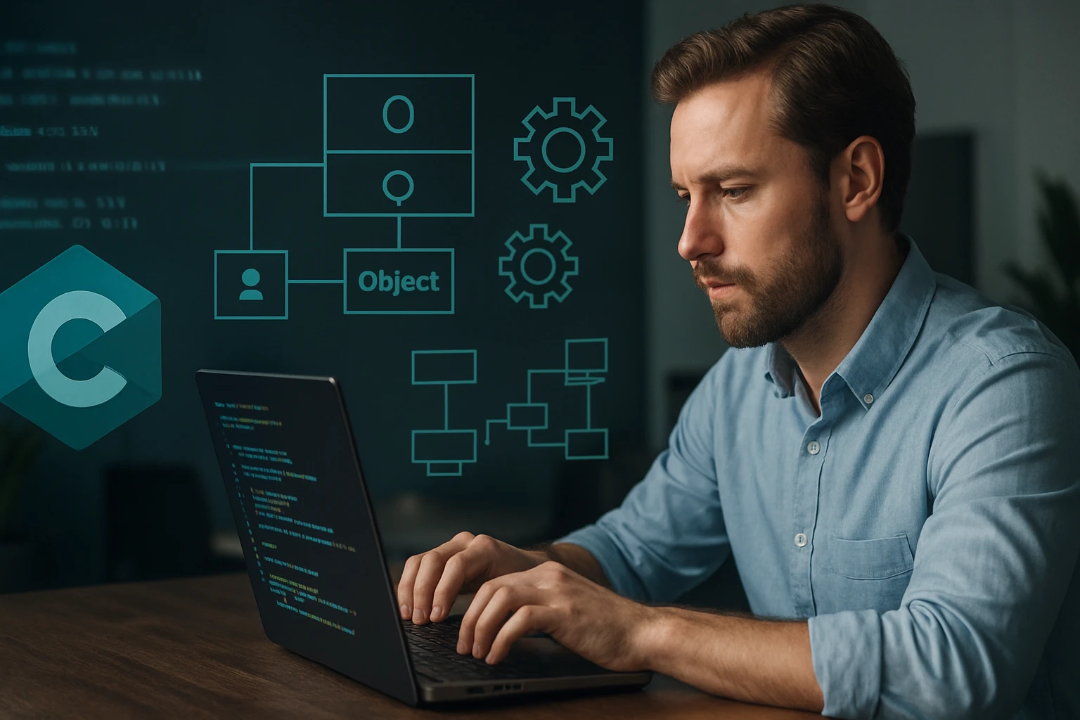Egy férfi programozik a laptopján, kód és diagramok láthatók a háttérben.