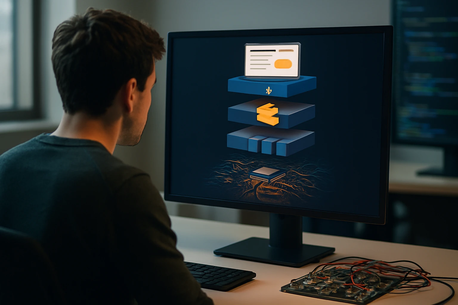 Egy fiatal férfi ül a számítógép előtt, programozási grafika látható a monitoron.