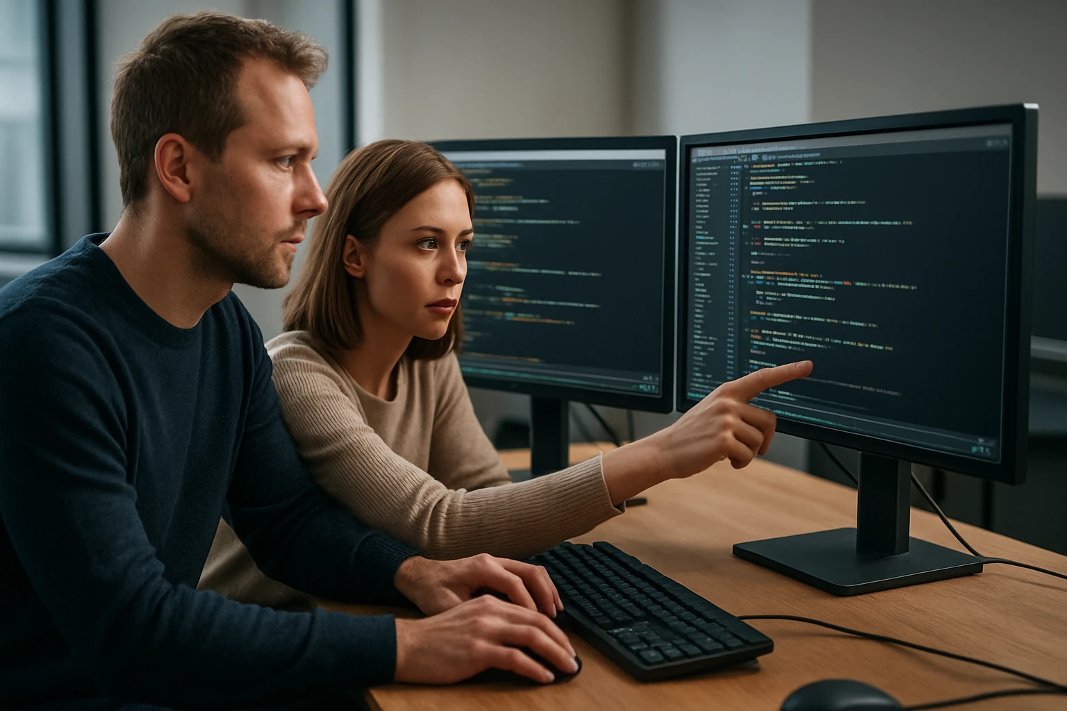 Két programozó együtt dolgozik, kódot néznek két monitoron.