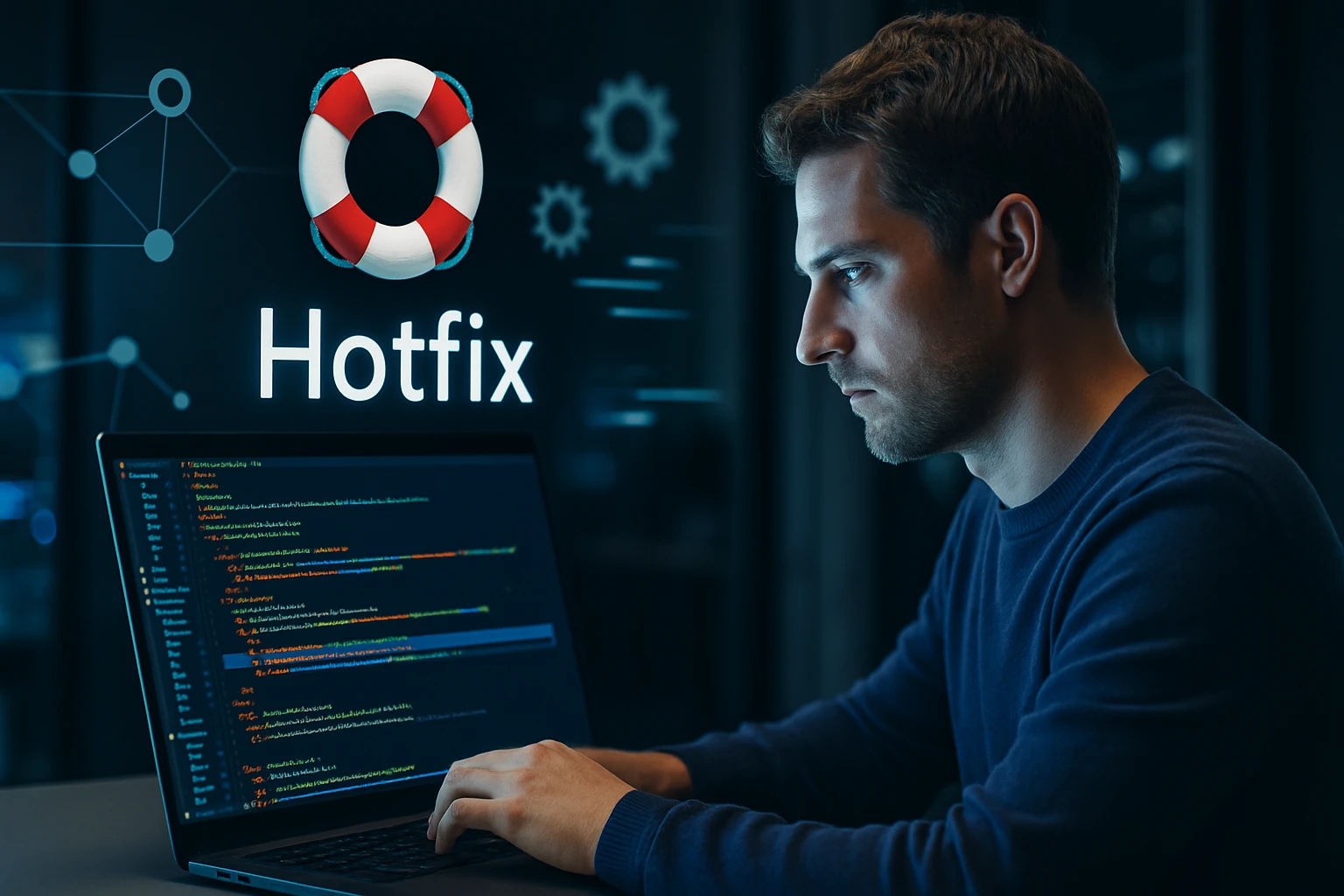 Egy programozó a laptopján kódot ír, a háttérben a 'Hotfix' felirattal.