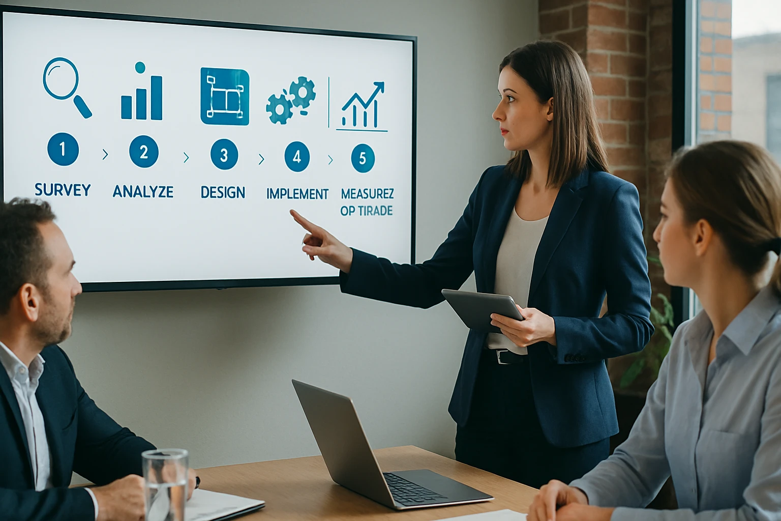 Egy nő prezentál egy projektmenedzsment folyamatot egy értekezleten.