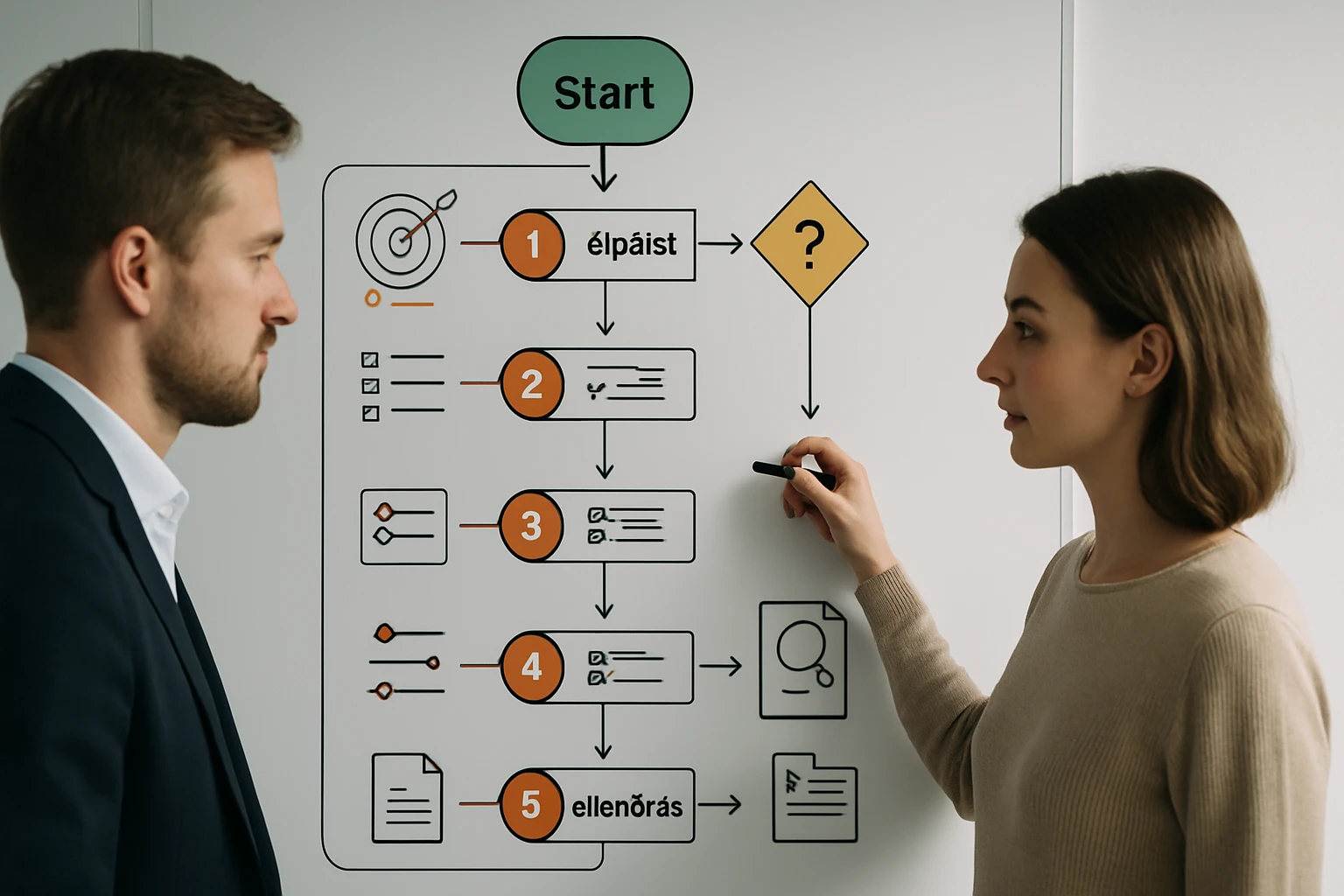 Két ember egy folyamatábrát néz, amely a projekt lépéseit mutatja be.