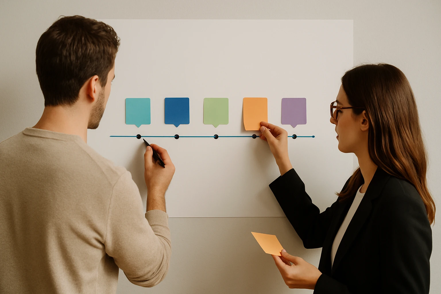 Két ember egy poszterre színes cetliket ragaszt, projekttervezés közben.