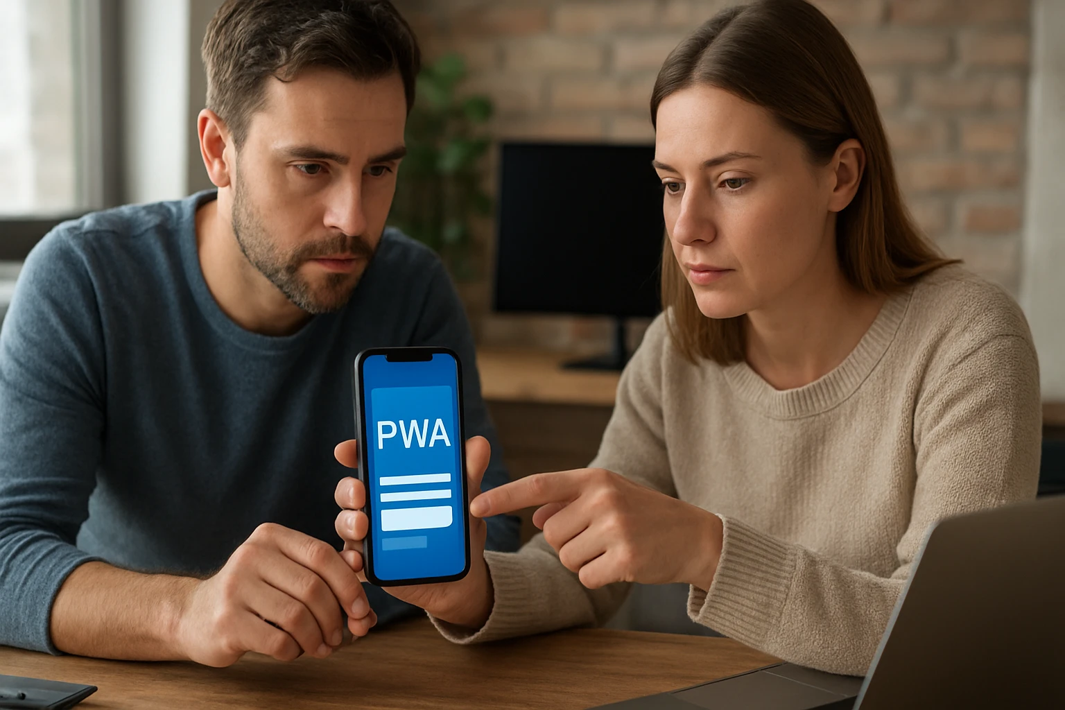 Két ember egy okostelefont néz, amelyen a PWA felirat látható.