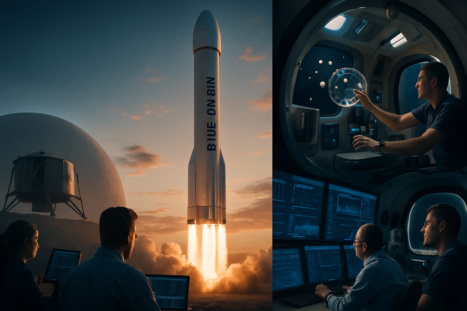 Egy rakéta indulásra kész, háttérben űrhajósok és technológiai eszközök.