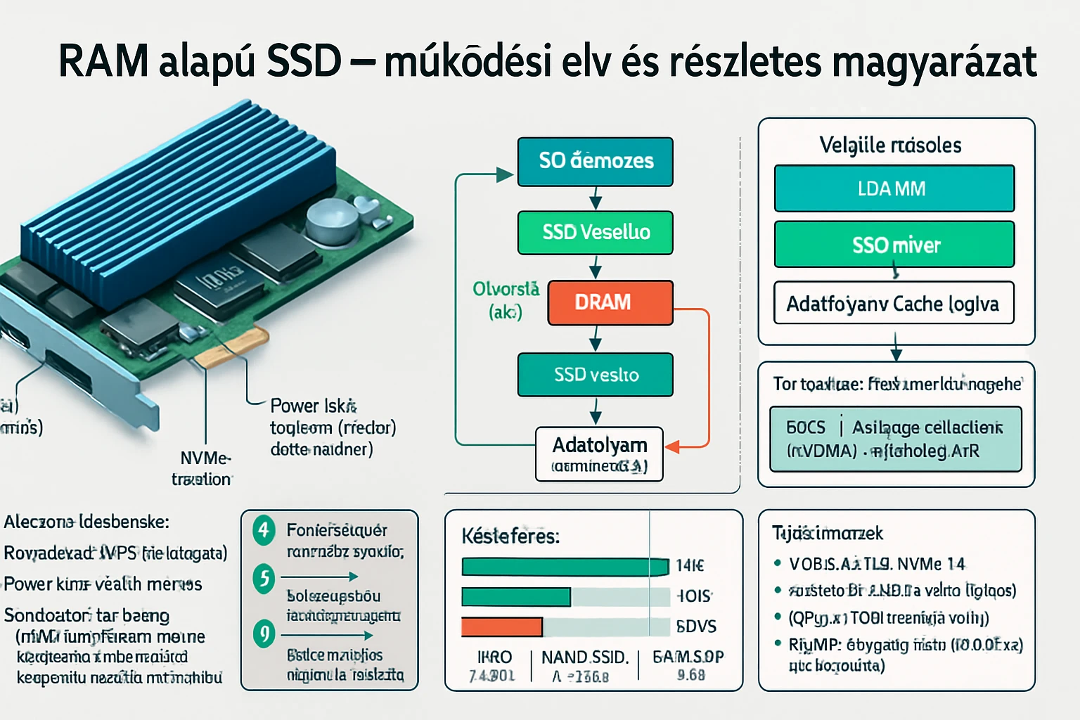 Egy RAM alapú SSD részletes működési elvét bemutató ábra, technikai elemekkel.