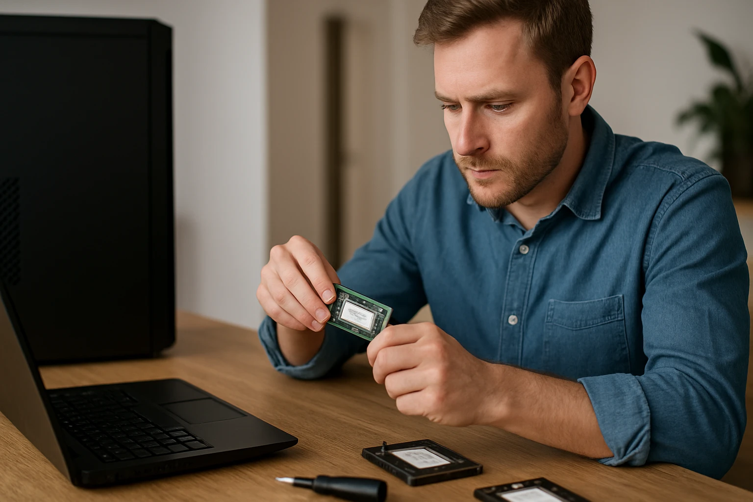 Egy férfi RAM modult tart a kezében, miközben számítógépet szerel.