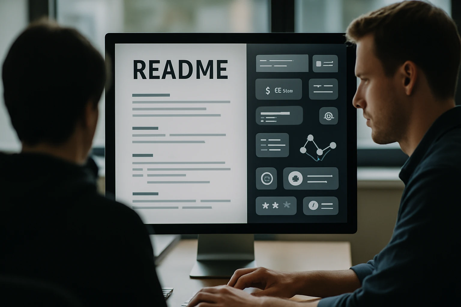 Két ember dolgozik egy számítógép előtt, a képernyőn README dokumentum látható.