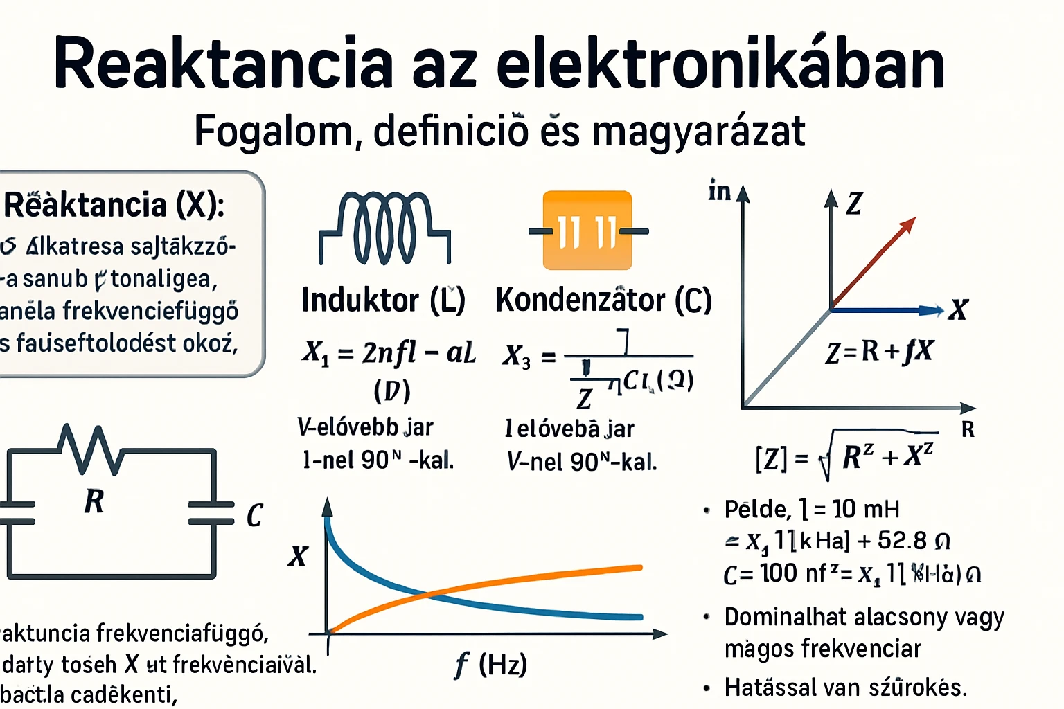 A reaktancia fogalmát és definícióját bemutató diagram elektronikai elemekkel.