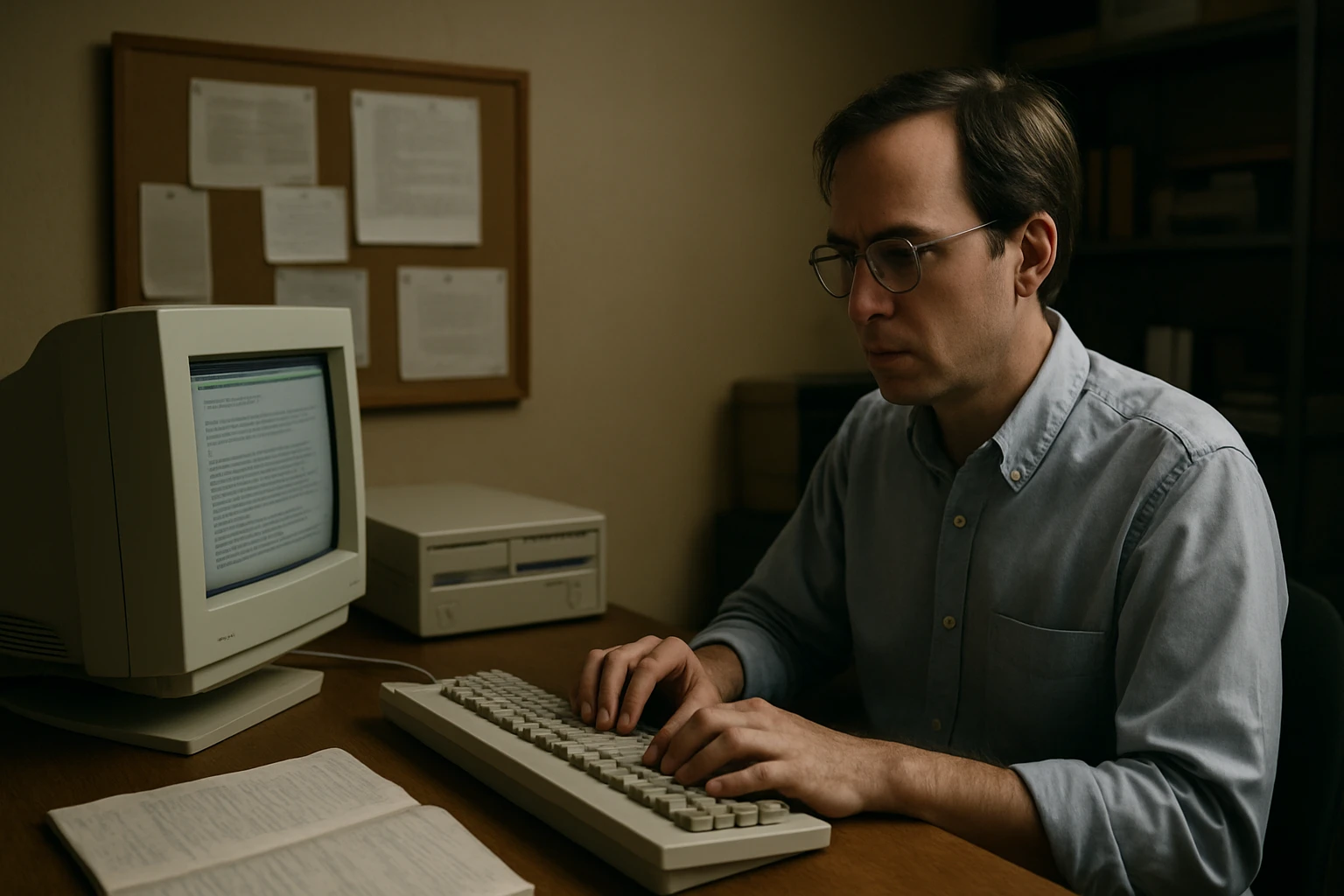 Egy férfi régi számítógépen dolgozik, háttérben papírok láthatók.