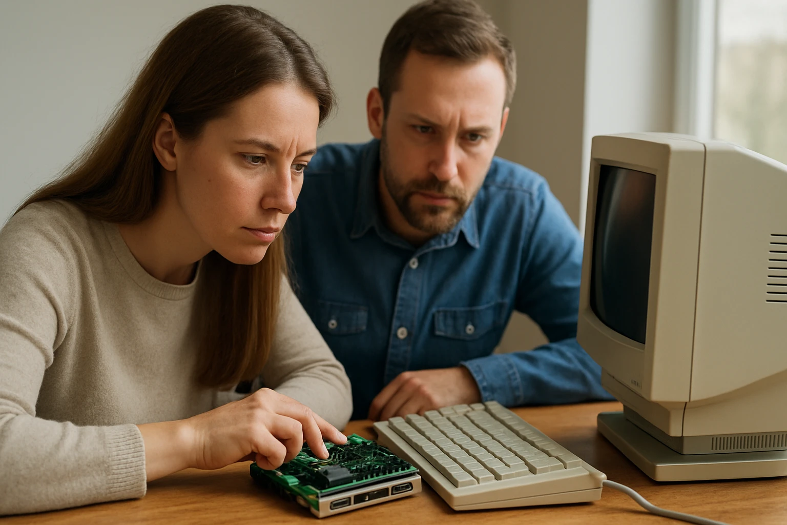 Két ember egy régi számítógép előtt, egy nyomtatott áramkört vizsgálnak.