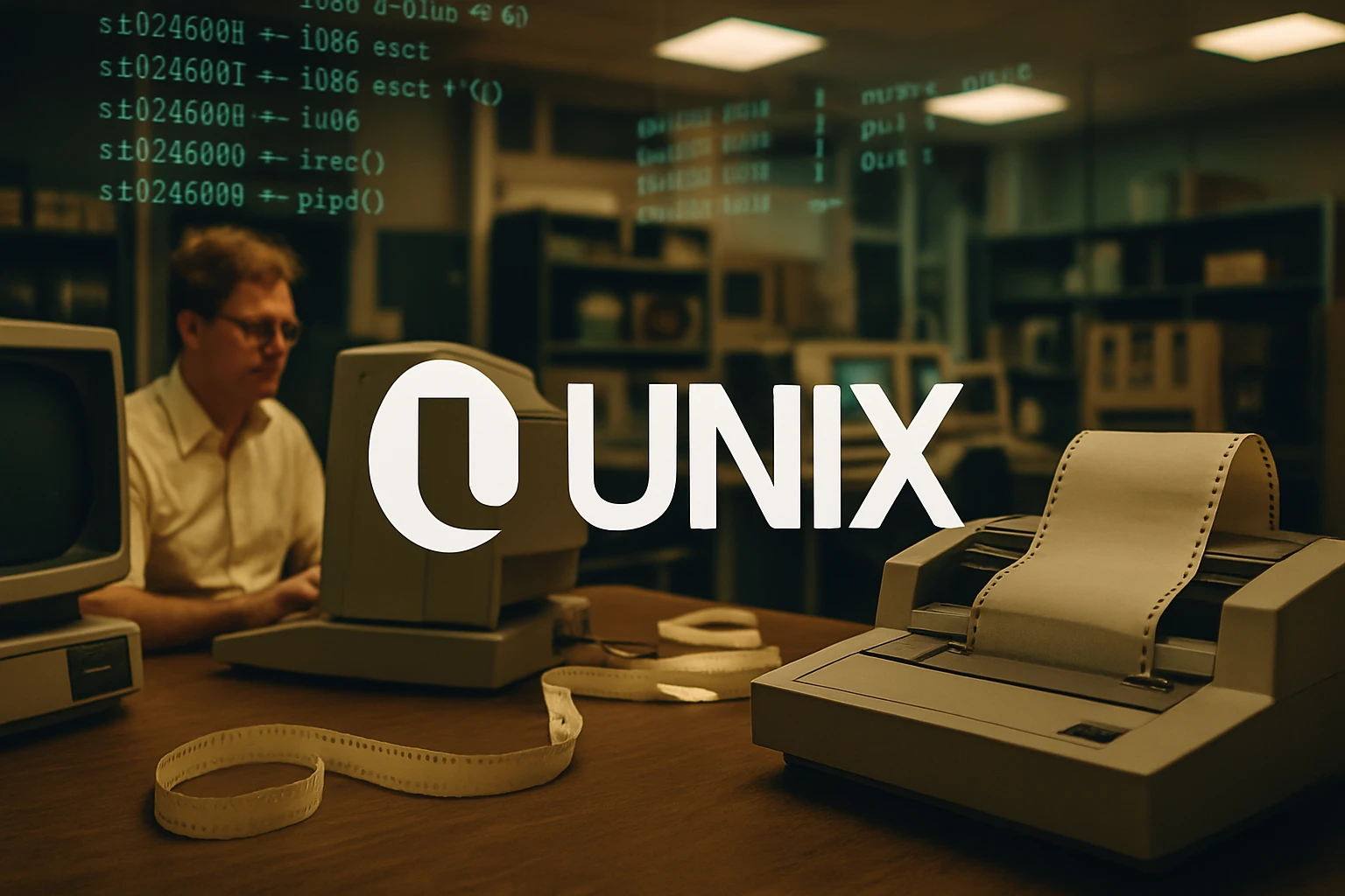Egy férfi dolgozik egy régi számítógépen, háttérben UNIX logóval.
