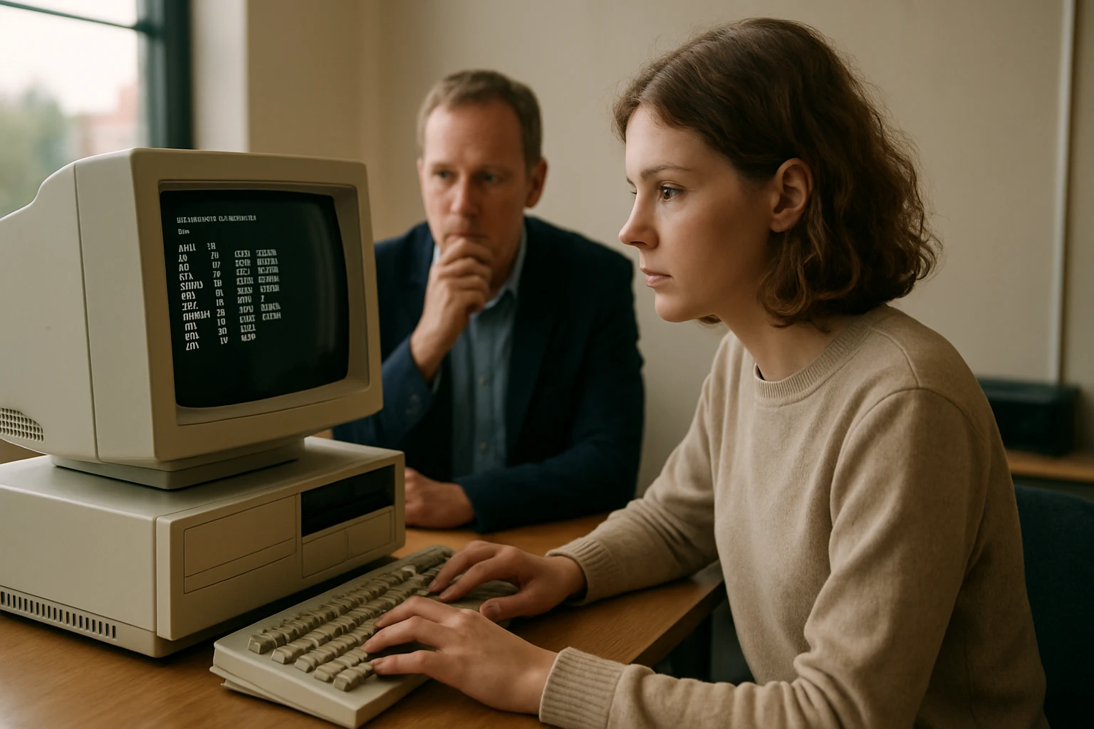Egy nő egy régi számítógép előtt ül, míg egy férfi figyeli őt.