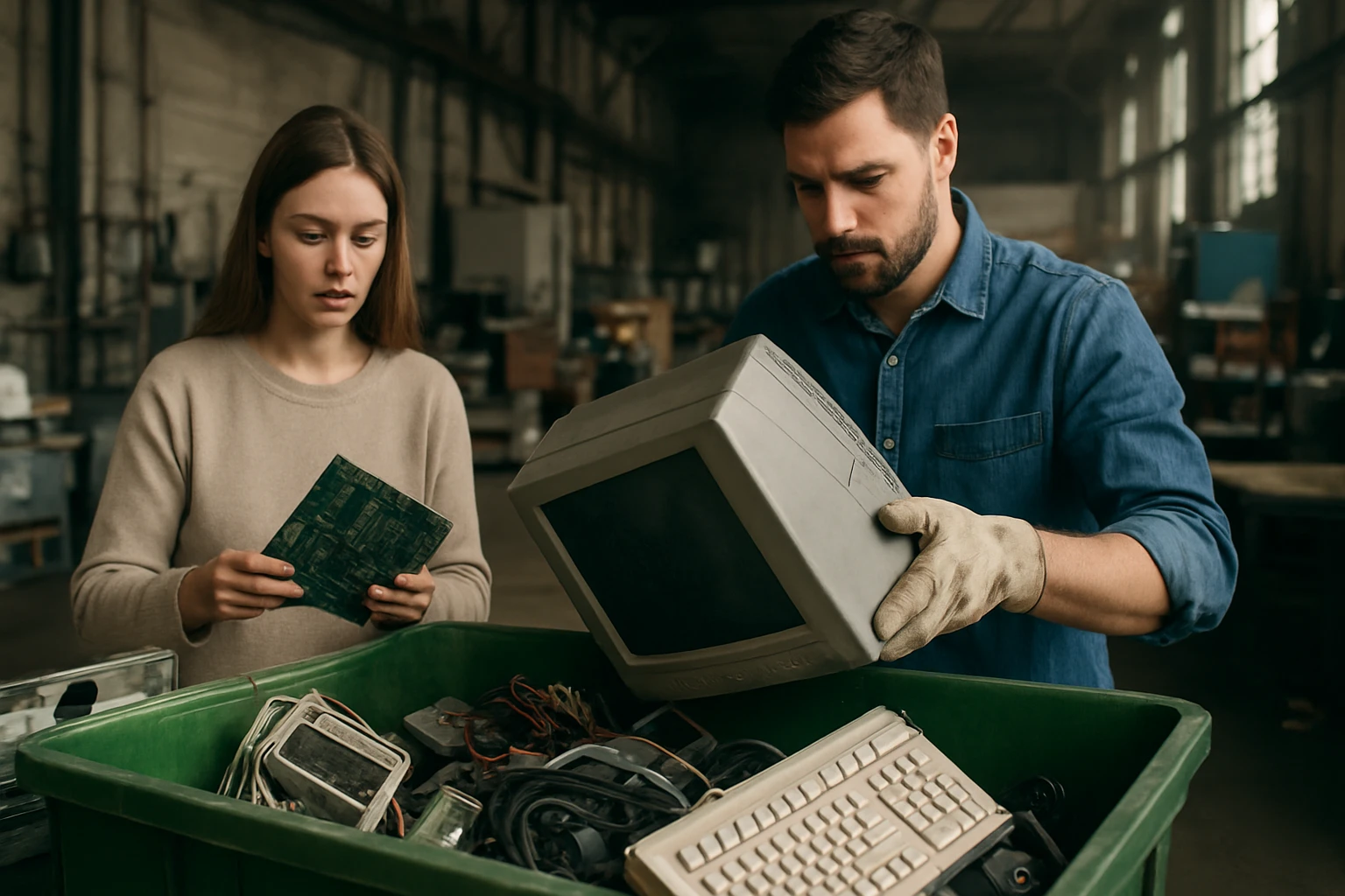 Két fiatal felnőtt régi számítógép alkatrészeket néz egy zöld konténerben.
