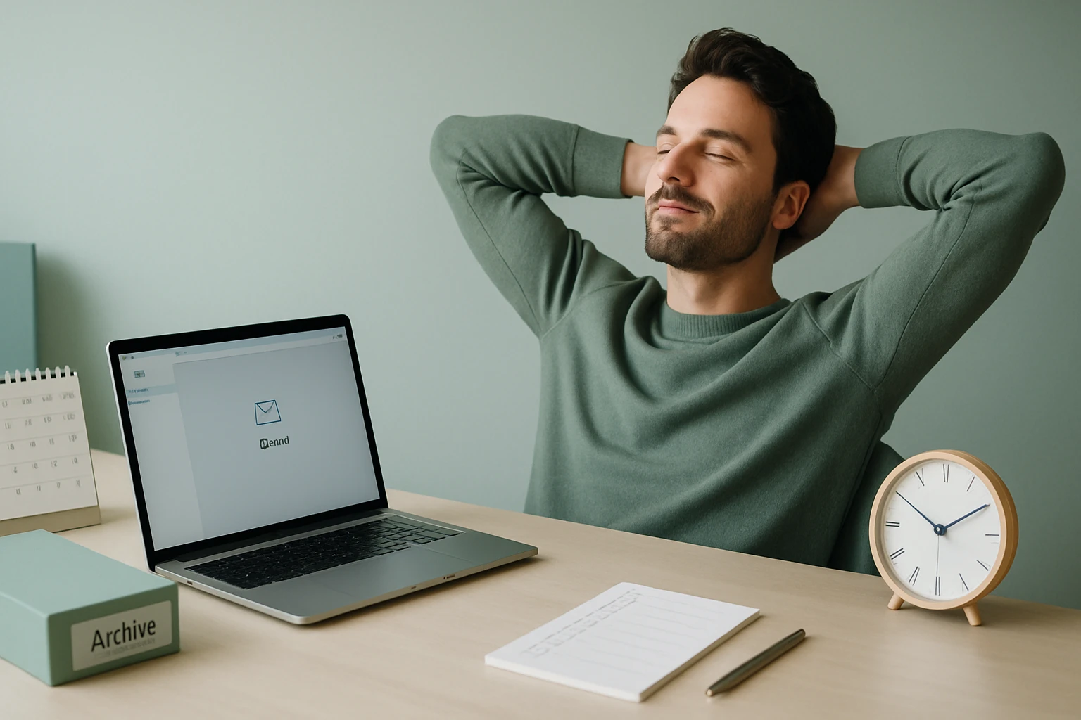 Egy fiatal férfi relaxál a számítógép előtt, háttámlás széken ülve.