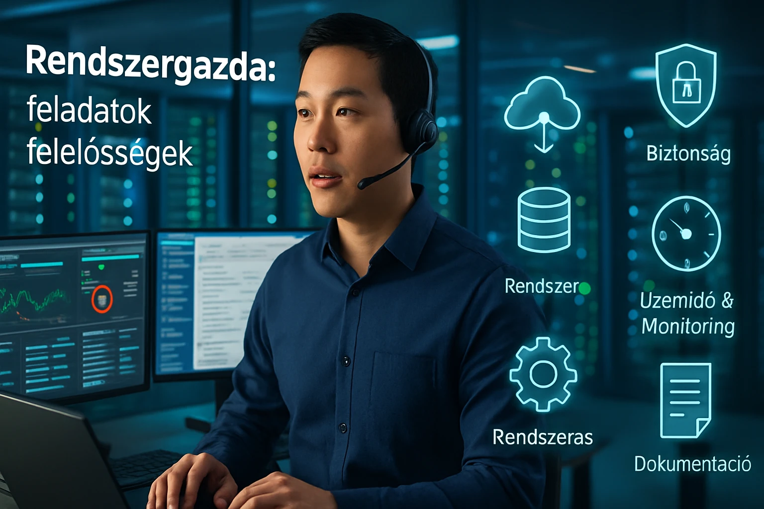 Egy rendszergazda headsettel dolgozik számítógép előtt, háttérben monitorokkal.