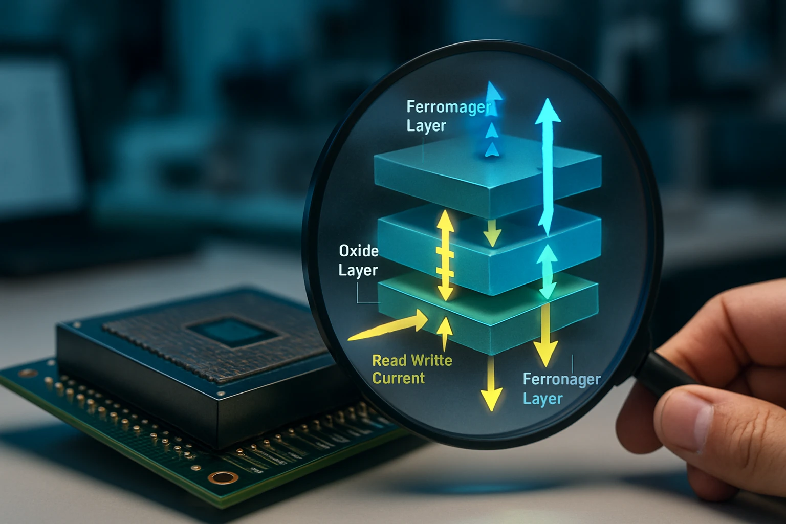 Egy mikroszkóp alatt látható réteges számítástechnikai alkatrész, amely a ferromágneses és oxid rétegeket mutatja.