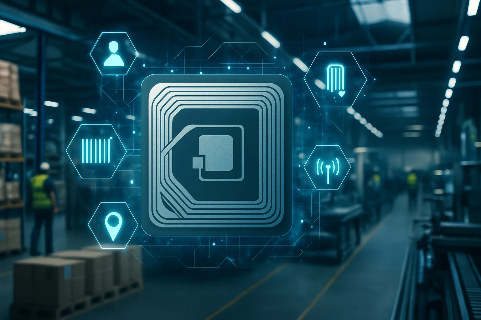 Egy modern raktárban RFID chip és kapcsolódó ikonok láthatók.