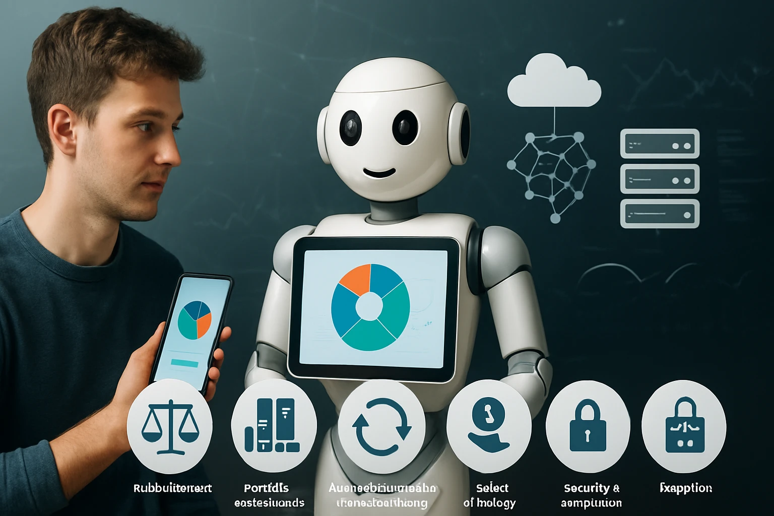 Egy férfi és egy robot interakciója, adatvizualizációs grafikonokkal.