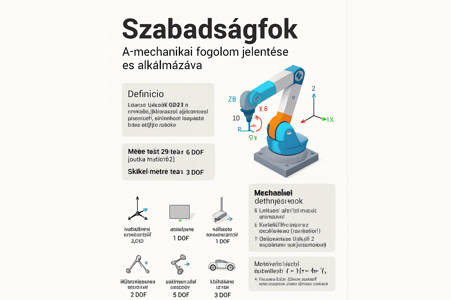Egy robotkar ábrázolása, amely a mechanikai szabadságfokokat mutatja be.