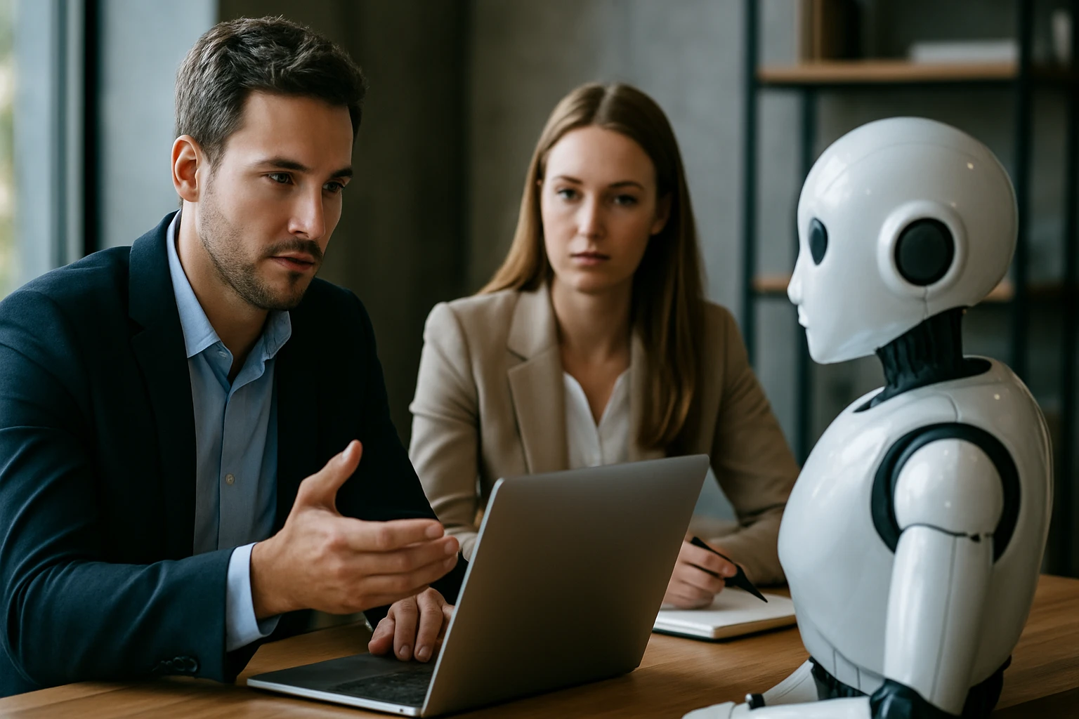 Két üzletember egy robot társaságában beszélget egy laptop előtt.