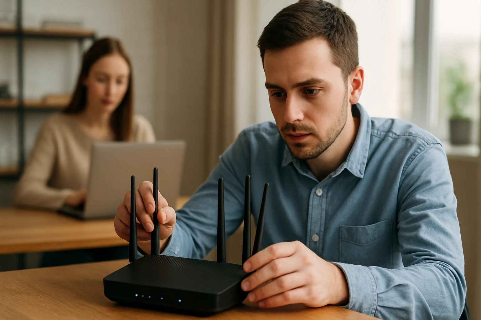 Egy férfi beállít egy routert, miközben egy nő háttérben laptopon dolgozik.