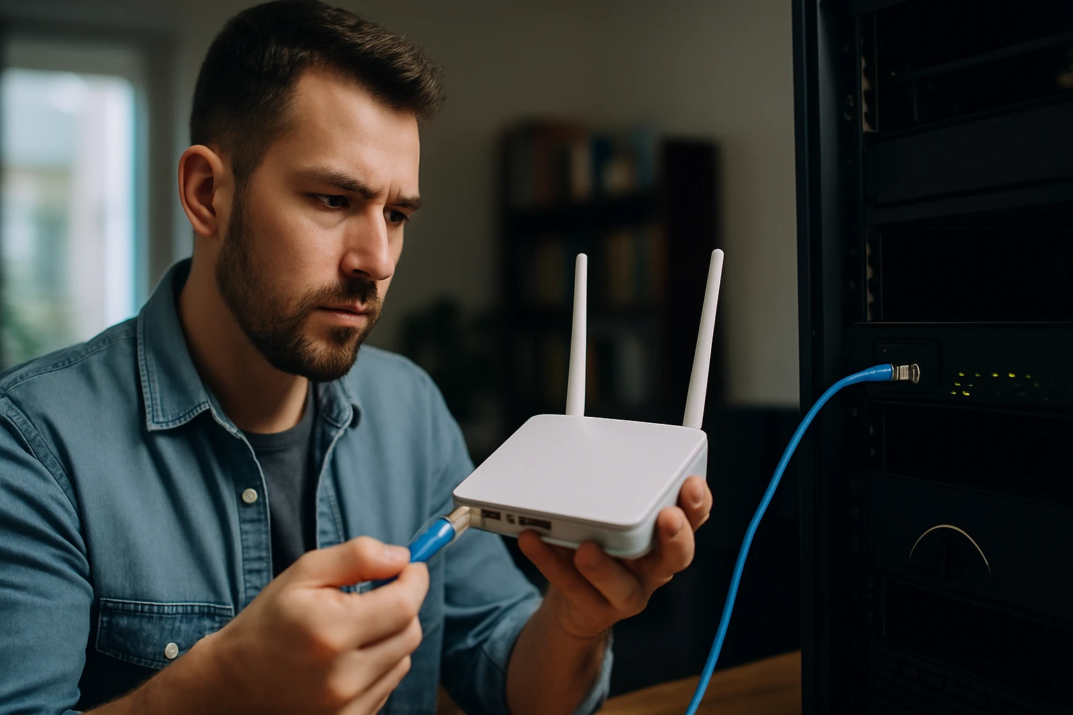 Egy férfi routert szerel, kék kábelt csatlakoztat a készülékhez.