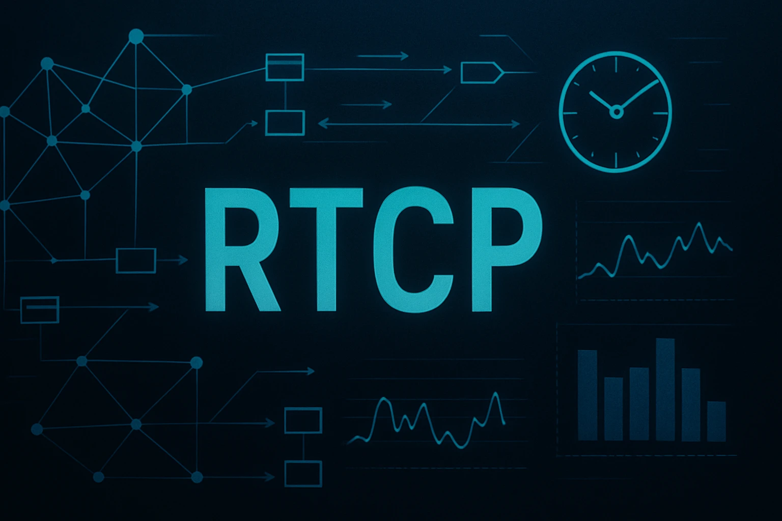 Az RTCP (Real-time Transport Control Protocol) logója grafikus háttérrel, adatfolyamokkal és statisztikákkal.