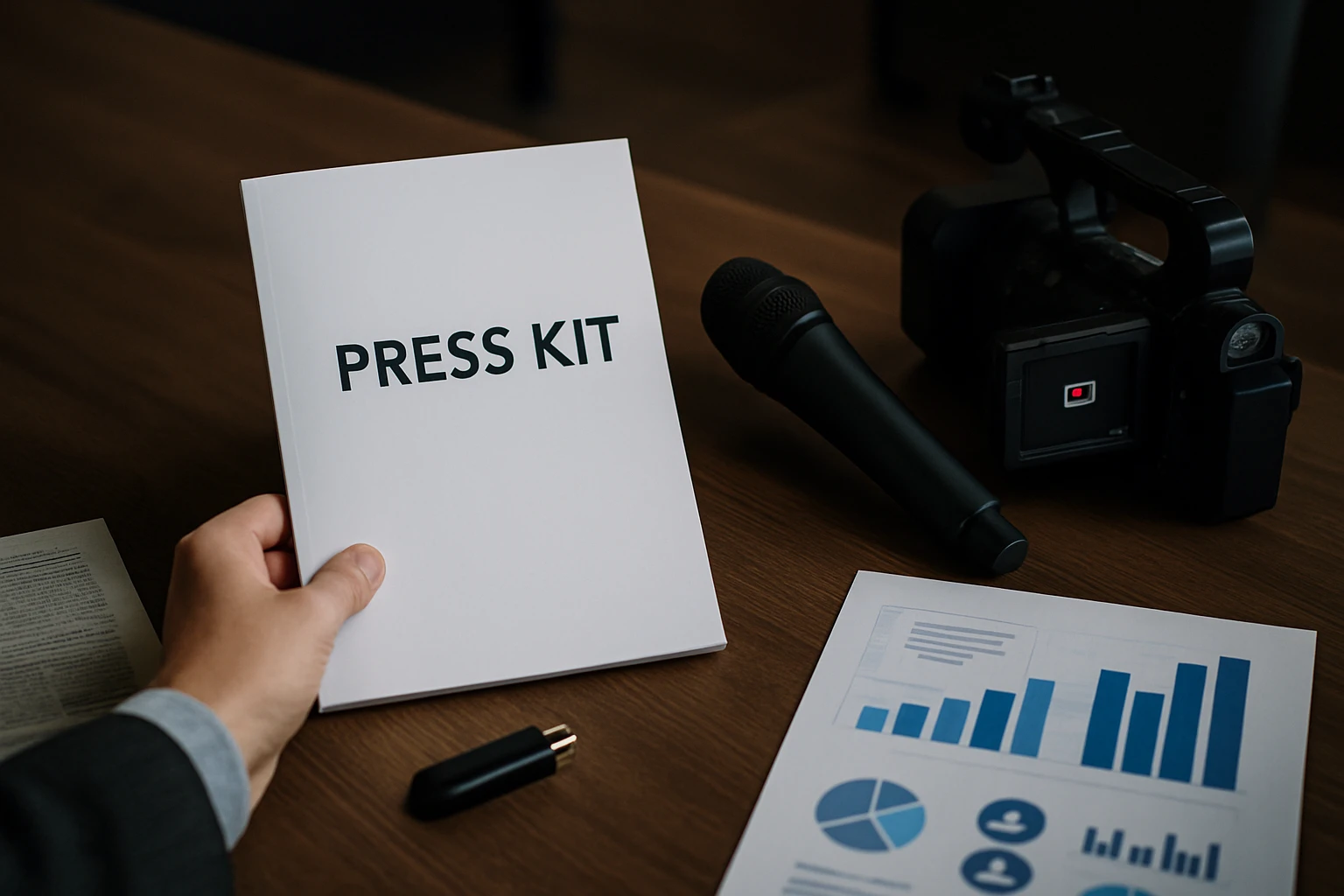 Egy kéz tart egy 'PRESS KIT' feliratú mappát, mellette mikrofon és kamerák.