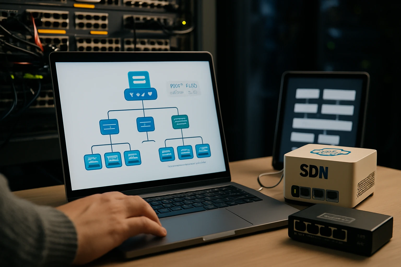 Egy laptop képernyőjén SDN diagram látható, mellette hálózati eszközök.