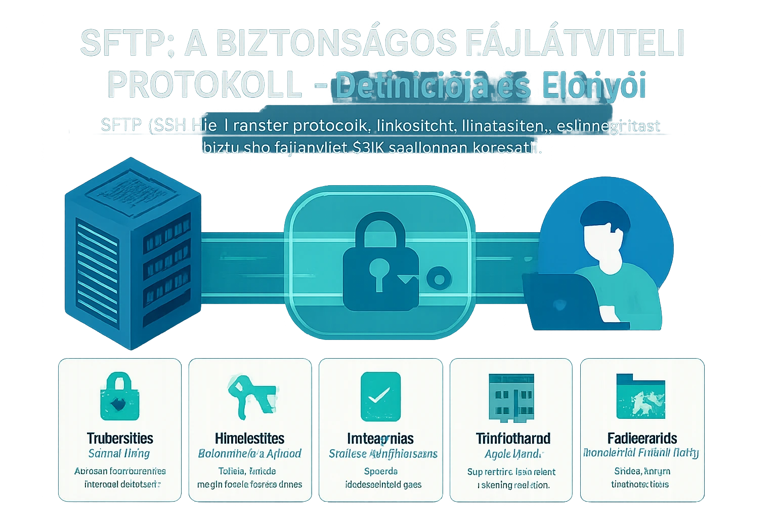 SFTP protokoll grafika, biztonságos fájlátvitel ikonokkal és szöveggel.