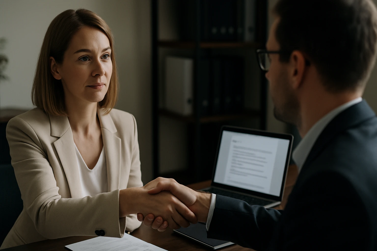 Két ember kezet fog egy irodai környezetben, laptop és dokumentumok láthatók.