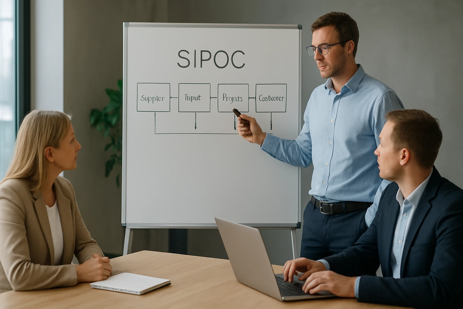 Egy férfi SIPOC modellt magyaráz egy üzleti megbeszélésen, két kolléga figyel.