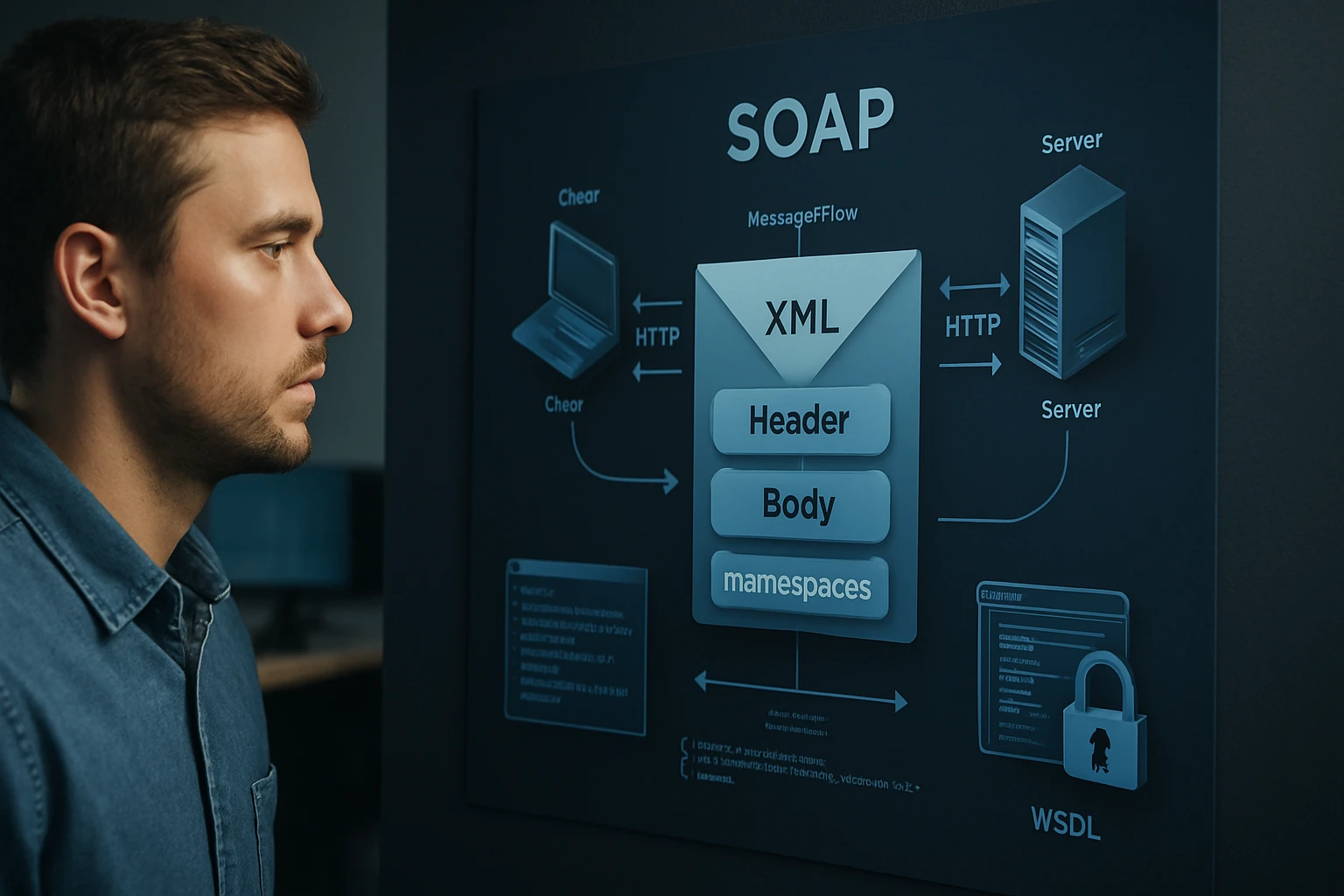 Egy férfi figyelmesen nézi a SOAP architektúráját bemutató táblát.