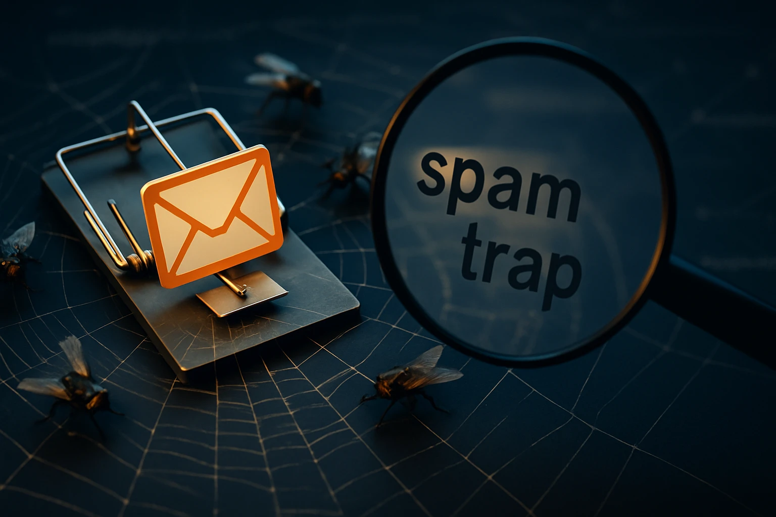 Egy email ikonnal ellátott csapda, körülötte legyek, a háttér sötét.