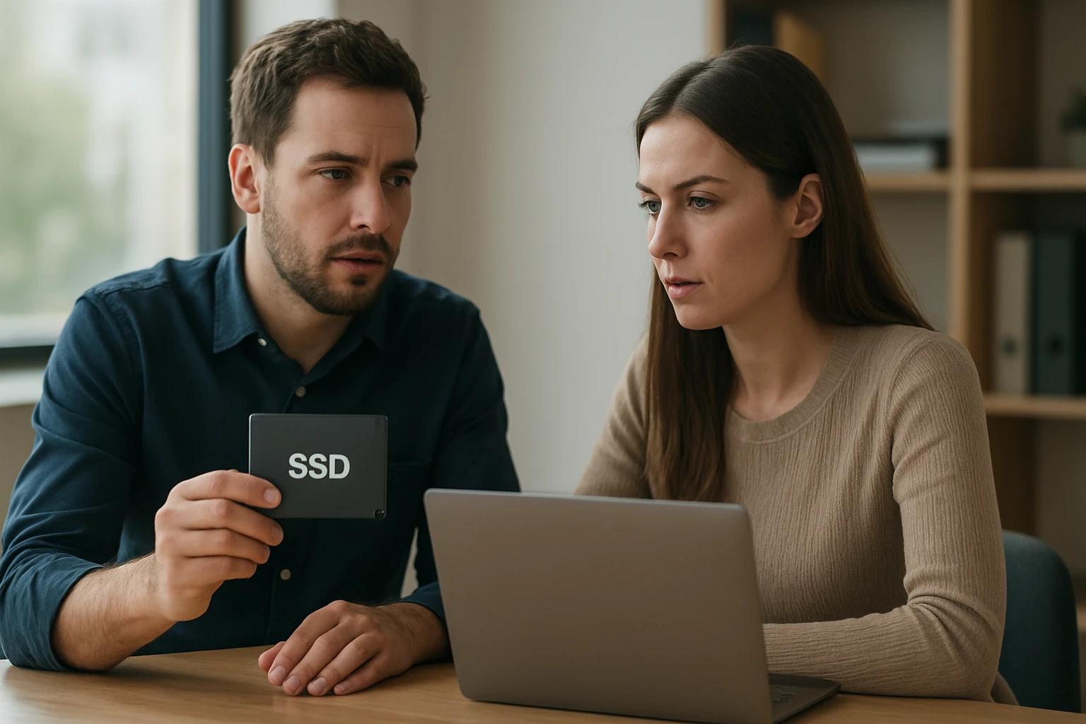 Egy férfi SSD-t mutat egy nőnek, miközben laptop előtt ülnek.