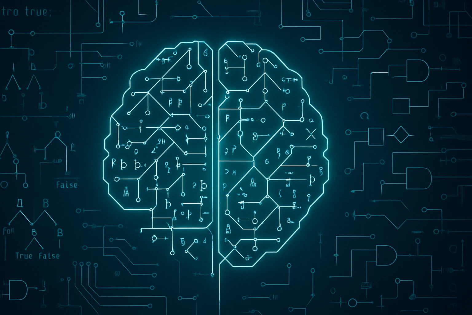Egy stilizált agy, amely elektronikus áramkörökkel van díszítve, technológiai háttérrel.