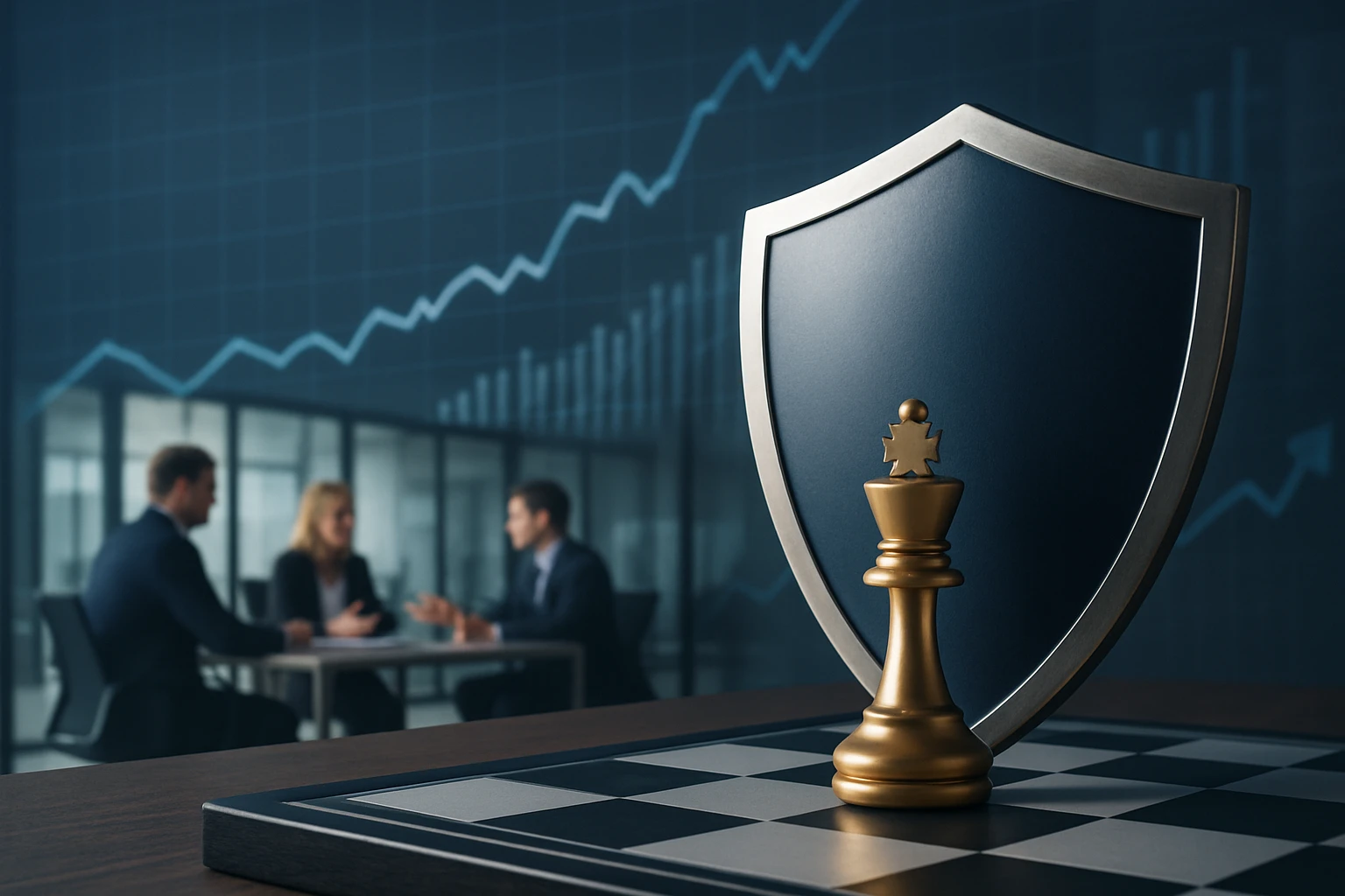 Egy sakkbábú és pajzs látható, háttérben üzleti megbeszélés grafikonokkal.