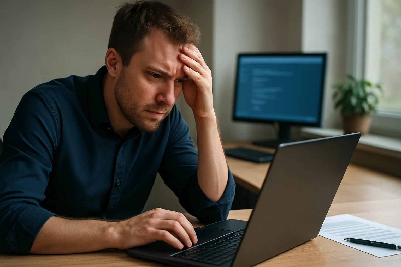 Egy férfi aggodalommal néz a laptopjára, miközben a háttérben egy másik monitor látható.