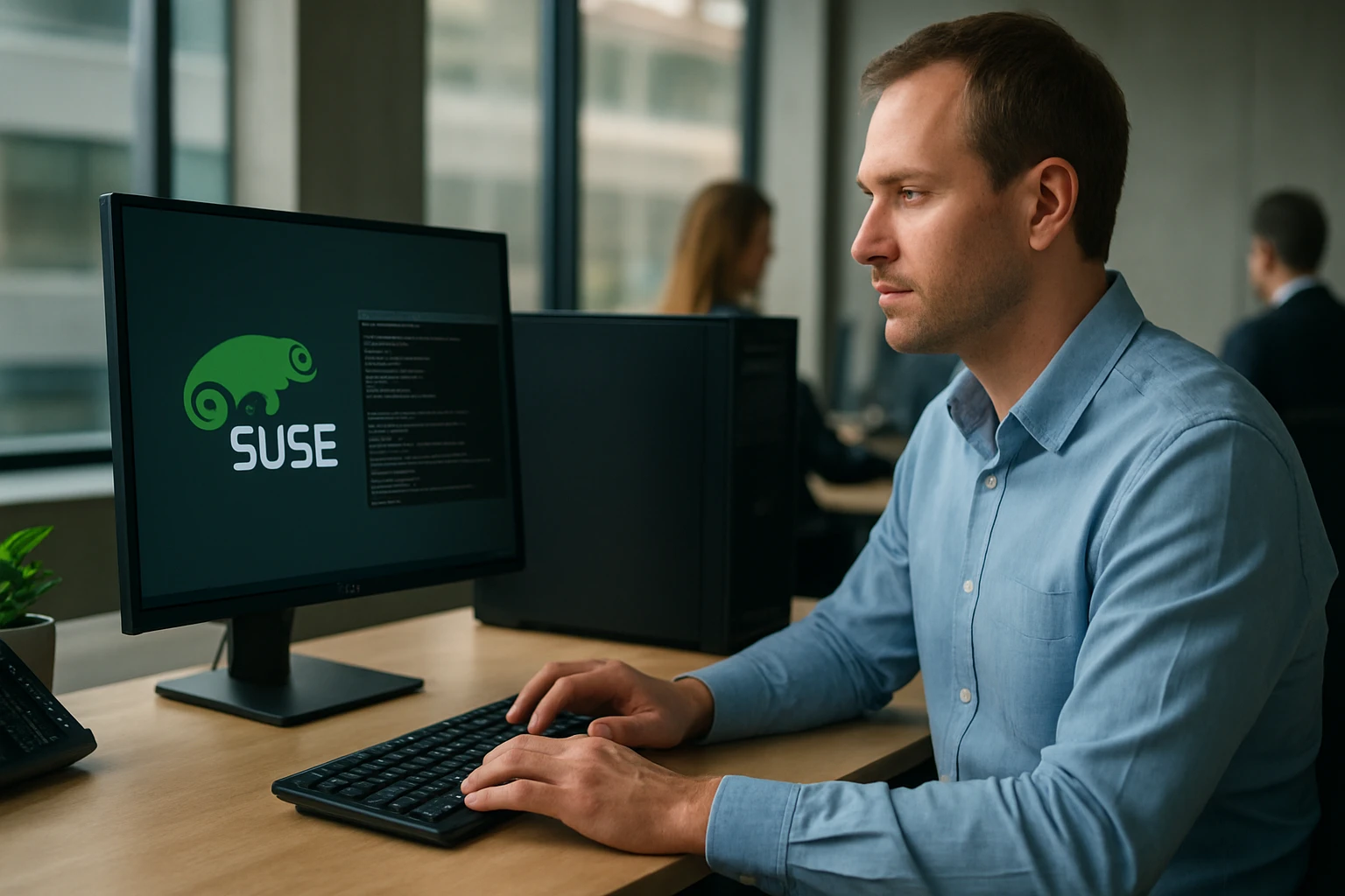 Egy férfi a számítógép előtt, a SUSE logó látható a monitoron.