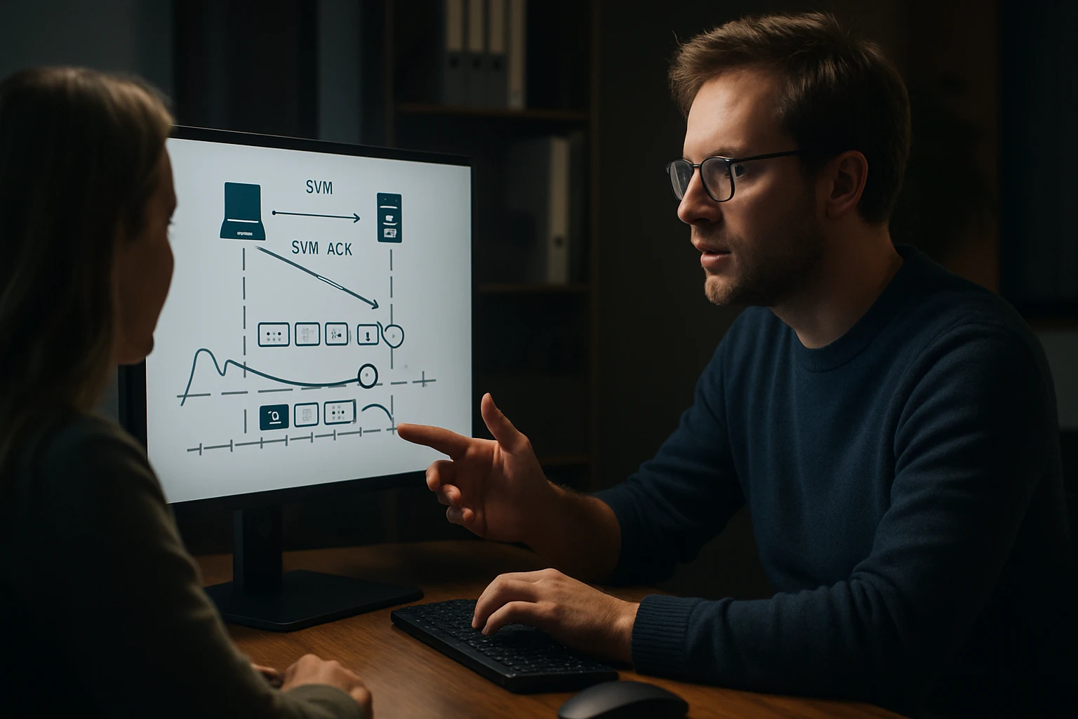 Egy férfi magyaráz egy diagramot a számítógép képernyőjén, amely SVM kommunikációt ábrázol.