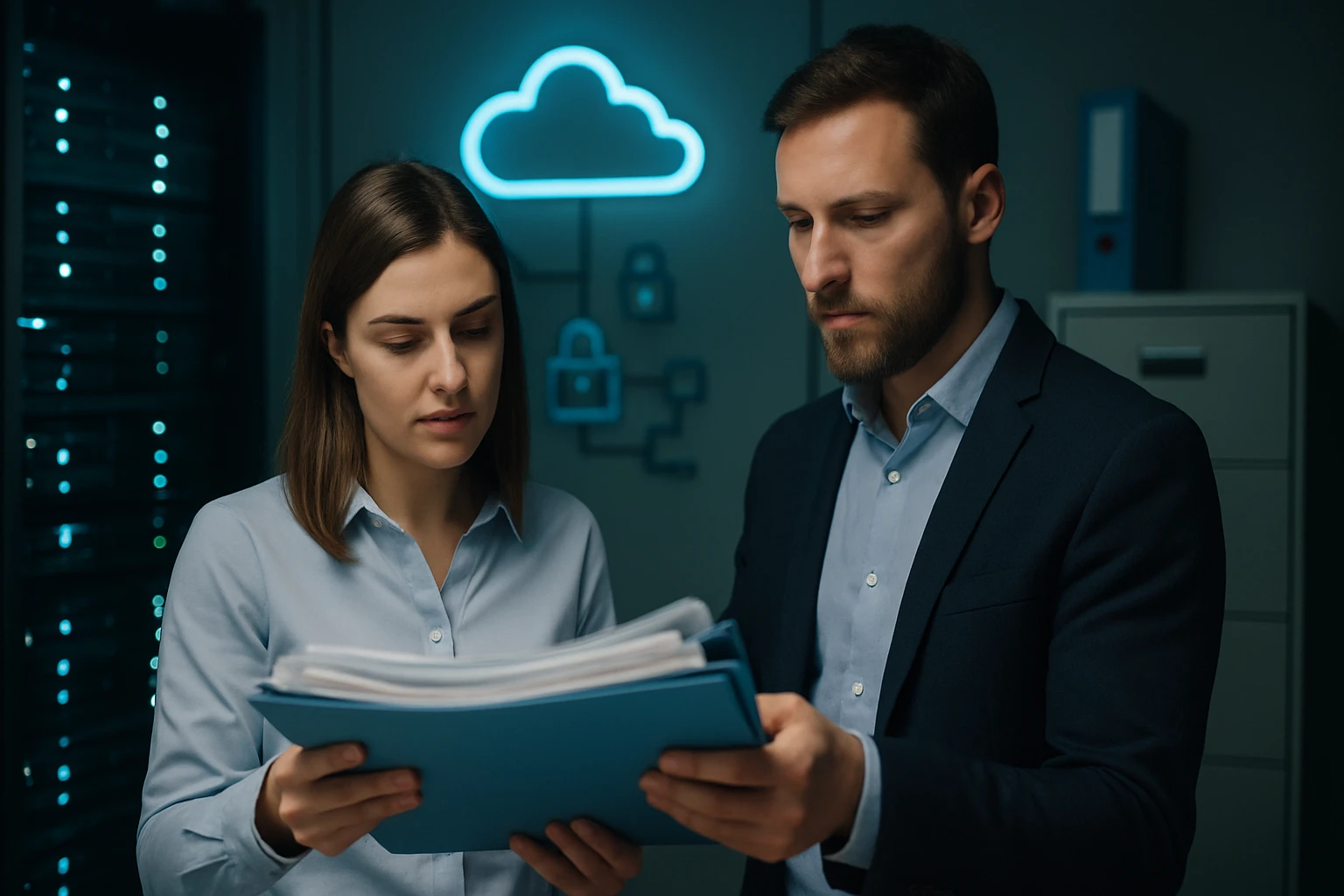 Két szakember egy dokumentumot néz át egy sötét, technológiai környezetben.