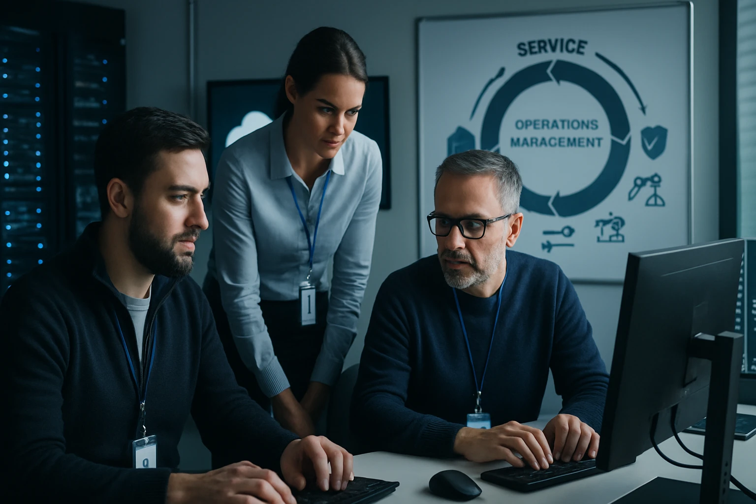 Három szakember dolgozik egy számítógép előtt, figyelmesen elemzik az adatokat.