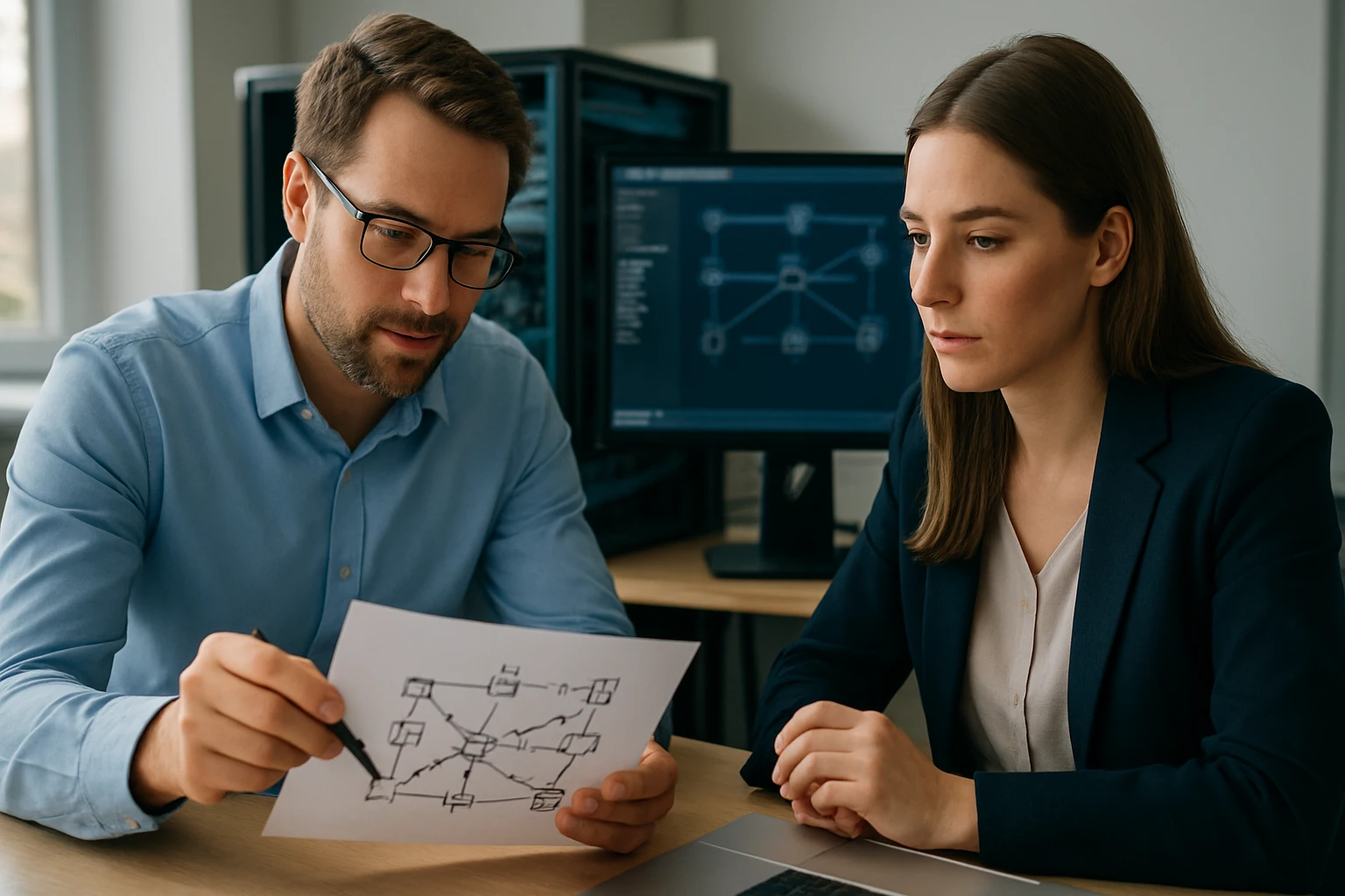 Két szakember egy diagramot néz, miközben egy számítógép képernyője látható a háttérben.