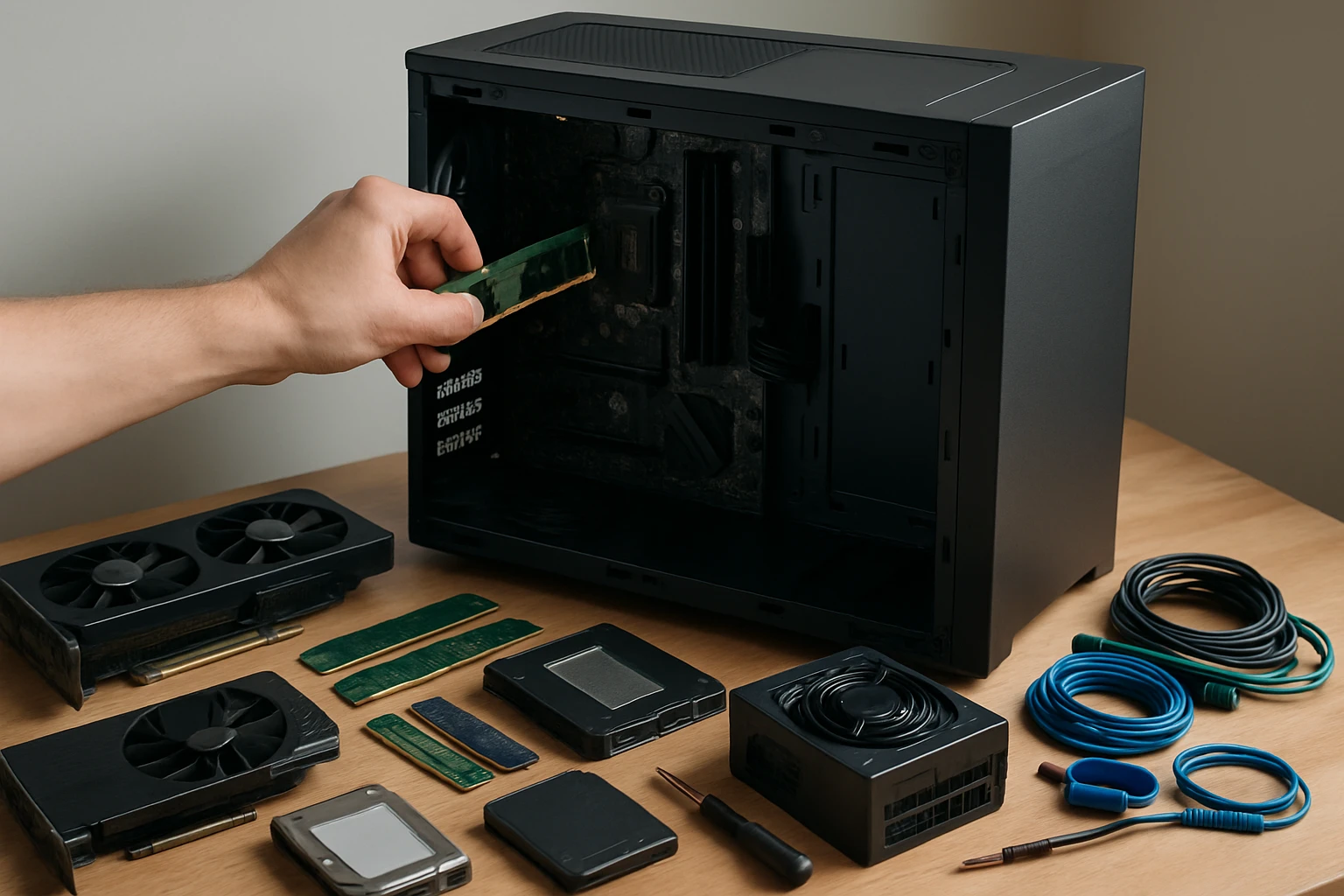 Egy kéz RAM modult helyez be egy számítógép házába, körülötte alkatrészek.