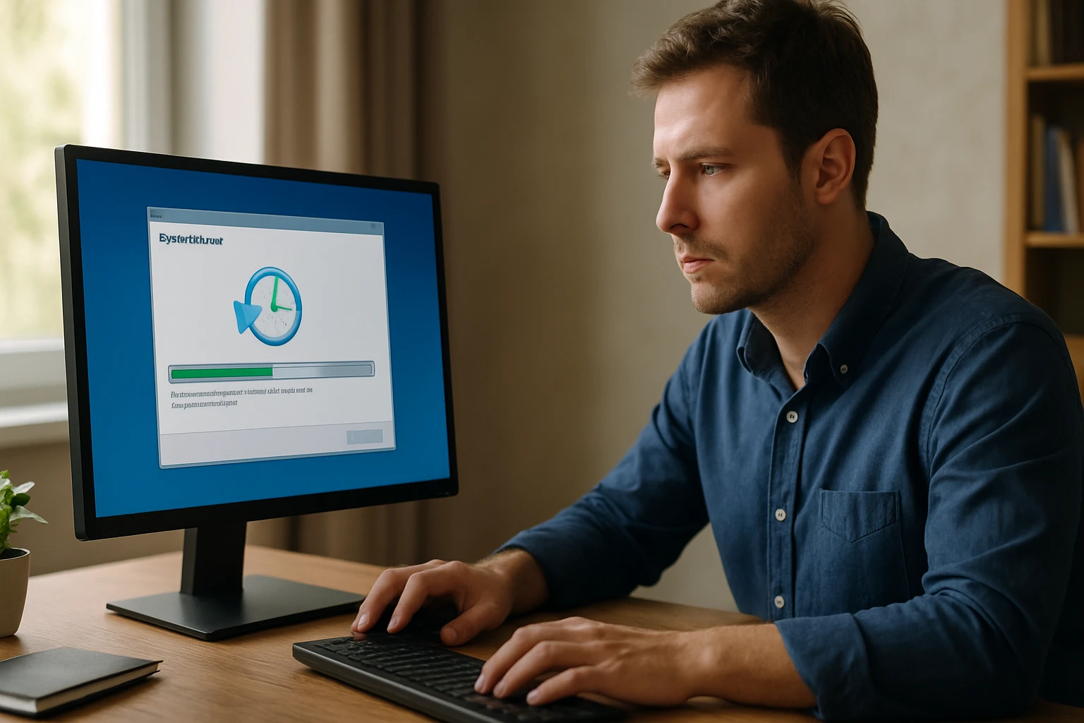 Egy férfi figyelmesen nézi a számítógép képernyőjét, miközben frissítést végez.