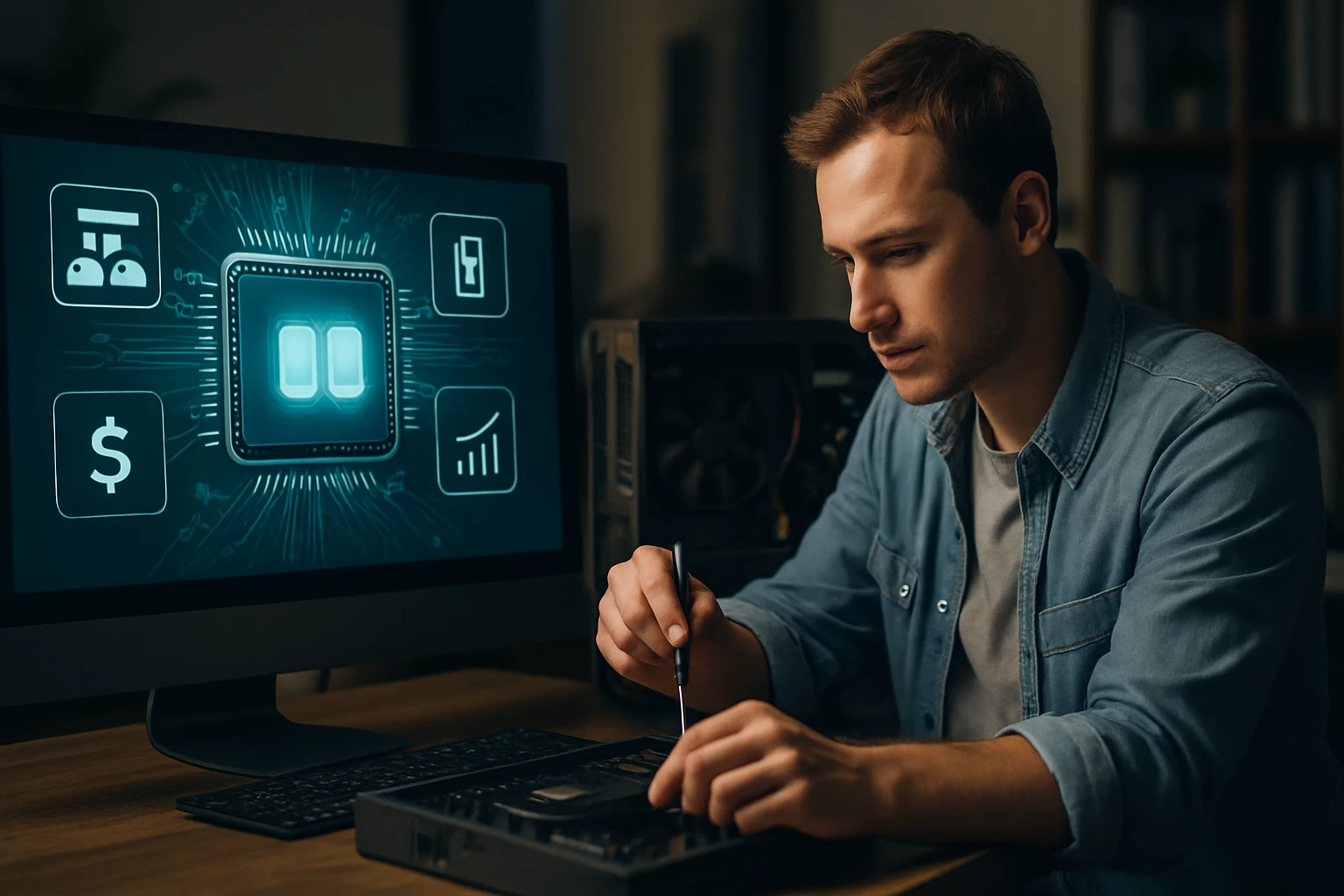 Egy fiatal férfi számítógép alkatrészeket szerel össze egy asztalon.